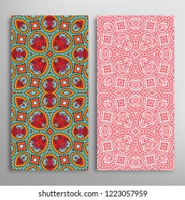 Vertical seamless patterns set, floral geometric lace texture for Wedding, Valentine's day, greeting card or Birthday Invitation. Decorative seamless doodle backgrounds. Ethnic ornament border pattern