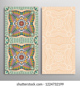 Vertical seamless patterns set, floral geometric lace texture for Wedding, Valentine's day, greeting card or Birthday Invitation. Decorative seamless doodle backgrounds. Ethnic ornament border pattern