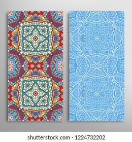Vertical seamless patterns set, floral geometric lace texture for Wedding, Valentine's day, greeting card or Birthday Invitation. Decorative seamless doodle backgrounds. Ethnic ornament border pattern