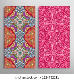 Vertical seamless patterns set, floral geometric lace texture for Wedding, Valentine's day, greeting card or Birthday Invitation. Decorative seamless doodle backgrounds. Ethnic ornament border pattern