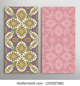 Vertical seamless patterns set, floral geometric lace texture for Wedding, Valentine's day, greeting card or Birthday Invitation. Decorative seamless doodle backgrounds. Ethnic ornament border pattern