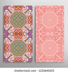 Vertical seamless patterns set, floral geometric lace texture for Wedding, Valentine's day, greeting card or Birthday Invitation. Decorative seamless doodle backgrounds. Ethnic ornament border pattern