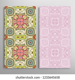 Vertical seamless patterns set, floral geometric lace texture for Wedding, Valentine's day, greeting card or Birthday Invitation. Decorative seamless doodle backgrounds. Ethnic ornament border pattern