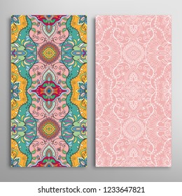 Vertical seamless patterns set, floral geometric lace texture for Wedding, Valentine's day, greeting card or Birthday Invitation. Decorative seamless doodle backgrounds. Ethnic ornament border pattern
