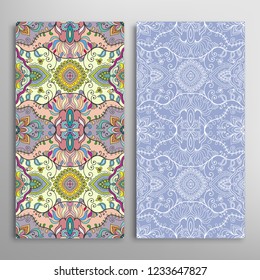 Vertical seamless patterns set, floral geometric lace texture for Wedding, Valentine's day, greeting card or Birthday Invitation. Decorative seamless doodle backgrounds. Ethnic ornament border pattern