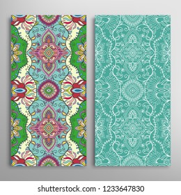 Vertical seamless patterns set, floral geometric lace texture for Wedding, Valentine's day, greeting card or Birthday Invitation. Decorative seamless doodle backgrounds. Ethnic ornament border pattern