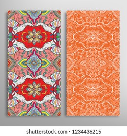 Vertical seamless patterns set, floral geometric lace texture for Wedding, Valentine's day, greeting card or Birthday Invitation. Decorative seamless doodle backgrounds. Ethnic ornament border pattern