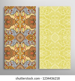 Vertical seamless patterns set, floral geometric lace texture for Wedding, Valentine's day, greeting card or Birthday Invitation. Decorative seamless doodle backgrounds. Ethnic ornament border pattern