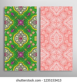 Vertical seamless patterns set, floral geometric lace texture for Wedding, Valentine's day, greeting card or Birthday Invitation. Decorative seamless doodle backgrounds. Ethnic ornament border pattern