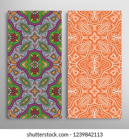 Vertical seamless patterns set, floral geometric lace texture for Wedding, Valentine's day, greeting card or Birthday Invitation. Decorative seamless doodle backgrounds. Ethnic ornament border pattern