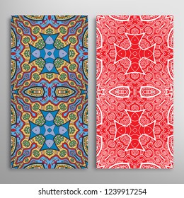 Vertical seamless patterns set, floral geometric lace texture for Wedding, Valentine's day, greeting card or Birthday Invitation. Decorative seamless doodle backgrounds. Ethnic ornament border pattern