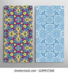 Vertical seamless patterns set, floral geometric lace texture for Wedding, Valentine's day, greeting card or Birthday Invitation. Decorative seamless doodle backgrounds. Ethnic ornament border pattern