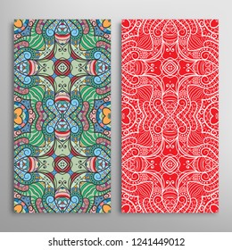 Vertical seamless patterns set, floral geometric lace texture for Wedding, Valentine's day, greeting card or Birthday Invitation. Decorative seamless doodle backgrounds. Ethnic ornament border pattern