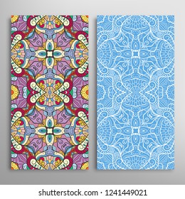 Vertical seamless patterns set, floral geometric lace texture for Wedding, Valentine's day, greeting card or Birthday Invitation. Decorative seamless doodle backgrounds. Ethnic ornament border pattern