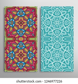 Vertical seamless patterns set, floral geometric lace texture for Wedding, Valentine's day, greeting card or Birthday Invitation. Decorative seamless doodle backgrounds. Ethnic ornament border pattern