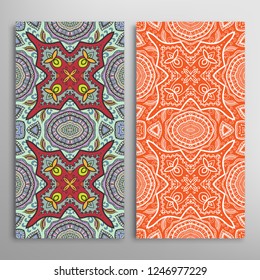 Vertical seamless patterns set, floral geometric lace texture for Wedding, Valentine's day, greeting card or Birthday Invitation. Decorative seamless doodle backgrounds. Ethnic ornament border pattern