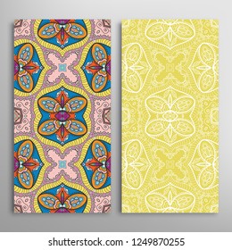 Vertical seamless patterns set, floral geometric lace texture for Wedding, Valentine's day, greeting card or Birthday Invitation. Decorative seamless doodle backgrounds. Ethnic ornament border pattern