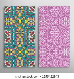 Vertical seamless patterns set, floral geometric lace texture for Wedding, Valentine's day, greeting card or Birthday Invitation. Decorative seamless doodle backgrounds. Ethnic ornament border pattern