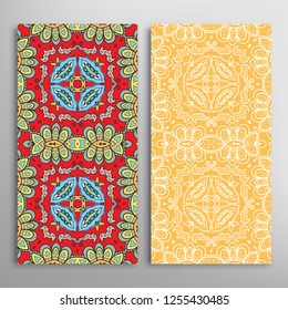 Vertical seamless patterns set, floral geometric lace texture for Wedding, Valentine's day, greeting card or Birthday Invitation. Decorative seamless doodle backgrounds. Ethnic ornament border pattern