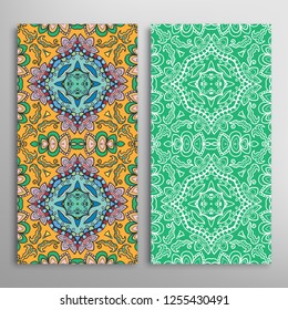 Vertical seamless patterns set, floral geometric lace texture for Wedding, Valentine's day, greeting card or Birthday Invitation. Decorative seamless doodle backgrounds. Ethnic ornament border pattern