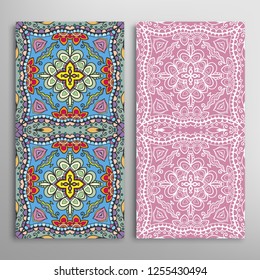 Vertical seamless patterns set, floral geometric lace texture for Wedding, Valentine's day, greeting card or Birthday Invitation. Decorative seamless doodle backgrounds. Ethnic ornament border pattern
