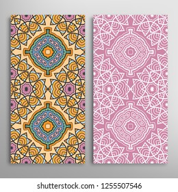 Vertical seamless patterns set, floral geometric lace texture for Wedding, Valentine's day, greeting card or Birthday Invitation. Decorative seamless doodle backgrounds. Ethnic ornament border pattern