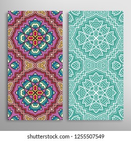 Vertical seamless patterns set, floral geometric lace texture for Wedding, Valentine's day, greeting card or Birthday Invitation. Decorative seamless doodle backgrounds. Ethnic ornament border pattern