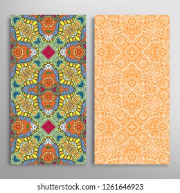 Vertical seamless patterns set, floral geometric lace texture for Wedding, Valentine's day, greeting card or Birthday Invitation. Decorative seamless doodle backgrounds. Ethnic ornament border pattern