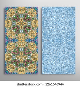 Vertical seamless patterns set, floral geometric lace texture for Wedding, Valentine's day, greeting card or Birthday Invitation. Decorative seamless doodle backgrounds. Ethnic ornament border pattern