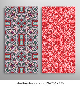 Vertical seamless patterns set, floral geometric lace texture for Wedding, Valentine's day, greeting card or Birthday Invitation. Decorative seamless doodle backgrounds. Ethnic ornament border pattern