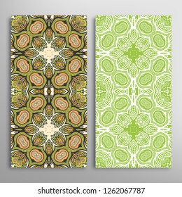 Vertical seamless patterns set, floral geometric lace texture for Wedding, Valentine's day, greeting card or Birthday Invitation. Decorative seamless doodle backgrounds. Ethnic ornament border pattern