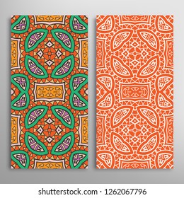 Vertical seamless patterns set, floral geometric lace texture for Wedding, Valentine's day, greeting card or Birthday Invitation. Decorative seamless doodle backgrounds. Ethnic ornament border pattern