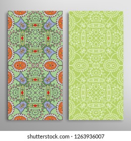 Vertical seamless patterns set, floral geometric lace texture for Wedding, Valentine's day, greeting card or Birthday Invitation. Decorative seamless doodle backgrounds. Ethnic ornament border pattern