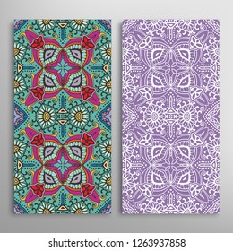 Vertical seamless patterns set, floral geometric lace texture for Wedding, Valentine's day, greeting card or Birthday Invitation. Decorative seamless doodle backgrounds. Ethnic ornament border pattern