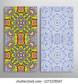 Vertical seamless patterns set, floral geometric lace texture for Wedding, Valentine's day, greeting card or Birthday Invitation. Decorative seamless doodle backgrounds. Ethnic ornament border pattern