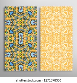 Vertical seamless patterns set, floral geometric lace texture for Wedding, Valentine's day, greeting card or Birthday Invitation. Decorative seamless doodle backgrounds. Ethnic ornament border pattern