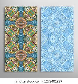 Vertical seamless patterns set, floral geometric lace texture for Wedding, Valentine's day, greeting card or Birthday Invitation. Decorative seamless doodle backgrounds. Ethnic ornament border pattern