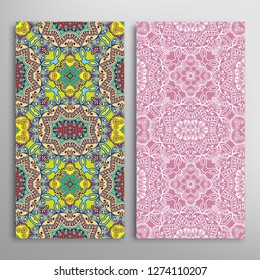 Vertical seamless patterns set, floral geometric lace texture for Wedding, Valentine's day, greeting card or Birthday Invitation. Decorative seamless doodle backgrounds. Ethnic ornament border pattern