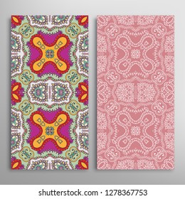 Vertical seamless patterns set, floral geometric lace texture for Wedding, Valentine's day, greeting card or Birthday Invitation. Decorative seamless doodle backgrounds. Ethnic ornament border pattern