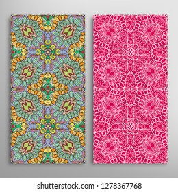 Vertical seamless patterns set, floral geometric lace texture for Wedding, Valentine's day, greeting card or Birthday Invitation. Decorative seamless doodle backgrounds. Ethnic ornament border pattern