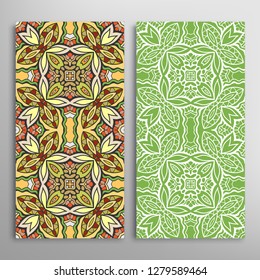 Vertical seamless patterns set, floral geometric lace texture for Wedding, Valentine's day, greeting card or Birthday Invitation. Decorative seamless doodle backgrounds. Ethnic ornament border pattern