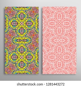 Vertical seamless patterns set, floral geometric lace texture for Wedding, Valentine's day, greeting card or Birthday Invitation. Decorative seamless doodle backgrounds. Ethnic ornament border pattern