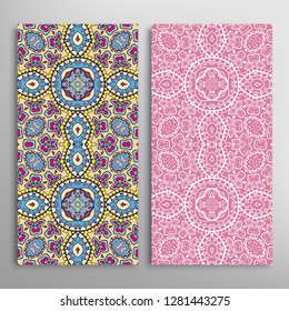 Vertical seamless patterns set, floral geometric lace texture for Wedding, Valentine's day, greeting card or Birthday Invitation. Decorative seamless doodle backgrounds. Ethnic ornament border pattern