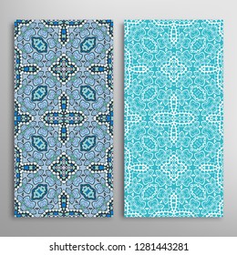 Vertical seamless patterns set, floral geometric lace texture for Wedding, Valentine's day, greeting card or Birthday Invitation. Decorative seamless doodle backgrounds. Ethnic ornament border pattern