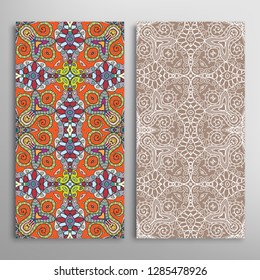 Vertical seamless patterns set, floral geometric lace texture for Wedding, Valentine's day, greeting card or Birthday Invitation. Decorative seamless doodle backgrounds. Ethnic ornament border pattern