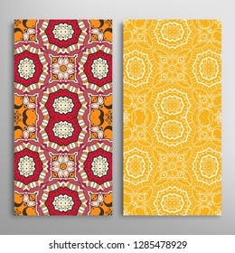Vertical seamless patterns set, floral geometric lace texture for Wedding, Valentine's day, greeting card or Birthday Invitation. Decorative seamless doodle backgrounds. Ethnic ornament border pattern
