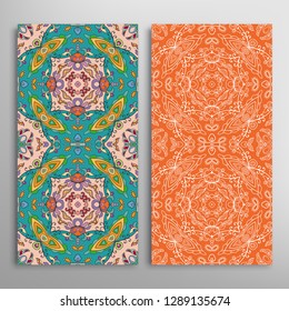 Vertical seamless patterns set, floral geometric lace texture for Wedding, Valentine's day, greeting card or Birthday Invitation. Decorative seamless doodle backgrounds. Ethnic ornament border pattern