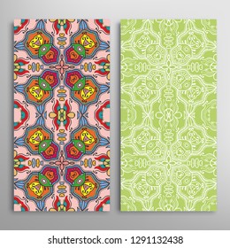 Vertical seamless patterns set, floral geometric lace texture for Wedding, Valentine's day, greeting card or Birthday Invitation. Decorative seamless doodle backgrounds. Ethnic ornament border pattern