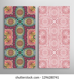 Vertical seamless patterns set, floral geometric lace texture for Wedding, Valentine's day, greeting card or Birthday Invitation. Decorative seamless doodle backgrounds. Ethnic ornament border pattern