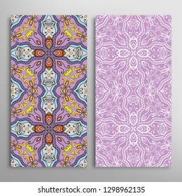 Vertical seamless patterns set, floral geometric lace texture for Wedding, Valentine's day, greeting card or Birthday Invitation. Decorative seamless doodle backgrounds. Ethnic ornament border pattern
